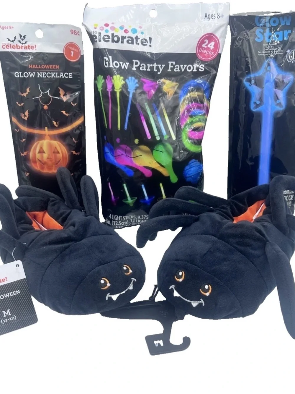 Celebrate Halloween Kids Black Spider Critter Slippers M (11-12) & Glow Toy Lot
